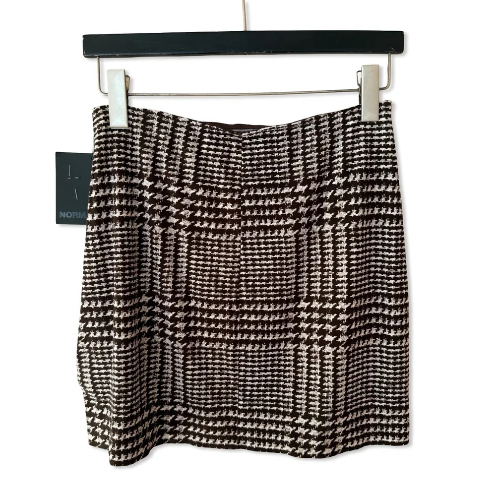 Norma Kamali mini skirt side slit Glenn plaid chocolate stretch M - Picture 3 of 8